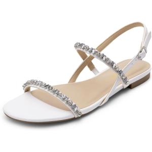 DREAM PAIRS Women’s Rhinestone Sandals Open Toe Casual Dressy Sparkly Comfortable Flat Summer Shoes(White)