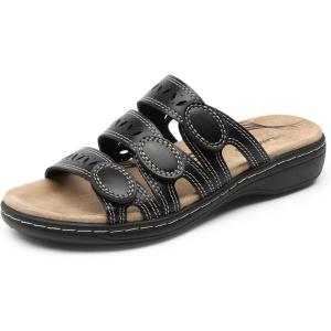 DREAM PAIRS Women’s Slide Sandals Comfortable Arch Support Casual Walking Sandals Adjustable Straps Slip On Low Wedge Flat Sandals(Black)