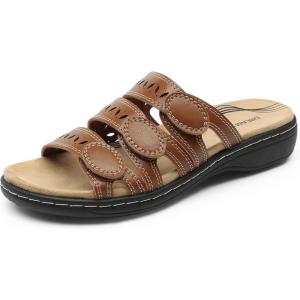 DREAM PAIRS Women’s Slide Sandals Comfortable Arch Support Casual Walking Sandals Adjustable Straps Slip On Low Wedge Flat Sandals(Brown)