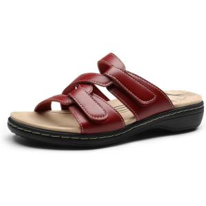 DREAM PAIRS Womens Slides Arch Support Slip on Flat Sandals Comfort Plantar Fasciitis Soft Cushion Slippers With Adjustable Straps(Red-pu)