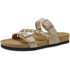 DREAM PAIRS Women’s Slides Soft Cork Footbed Sandals Comfortable Walking Slip-on Flat Sandals Arch Support Adjustable Buckle Braided Straps Slippers(Beige)