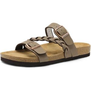 DREAM PAIRS Women’s Slides Soft Cork Footbed Sandals Comfortable Walking Slip-on Flat Sandals Arch Support Adjustable Buckle Braided Straps Slippers(Brown)