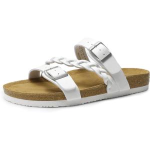 DREAM PAIRS Women’s Slides Soft Cork Footbed Sandals Comfortable Walking Slip-on Flat Sandals Arch Support Adjustable Buckle Braided Straps Slippers(White)