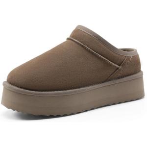 DREAM PAIRS Women’s Slippers Platform Genuine Suede Slip-On Memory Foam Cozy Fluffy Warm Comfy Furry House Shoes for Outdoor Indoor(Taupe)