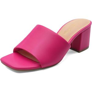 DREAM PAIRS Women’s Square Open Toe Heels Sandals Low Block Chunky Heeled Sandals Slide Sandals Slip on Comfortable Casual Pumps Shoes(Hot Pink-pu)