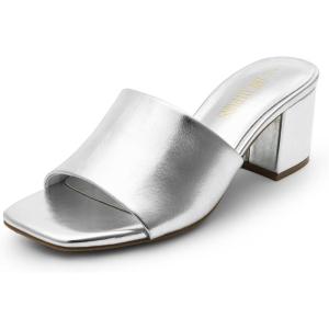 DREAM PAIRS Women’s Square Open Toe Heels Sandals Low Block Chunky Heeled Sandals Slide Sandals Slip on Comfortable Casual Pumps Shoes(Silver-pu)
