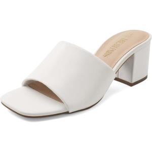 DREAM PAIRS Women’s Square Open Toe Heels Sandals Low Block Chunky Heeled Sandals Slide Sandals Slip on Comfortable Casual Pumps Shoes(White-pu)