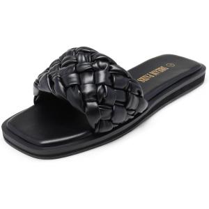 DREAM PAIRS Women’s Square Open Toe Slide Sandals Cute Slip on Braided Slides Flat Sandals for Summer(Black/Weave)