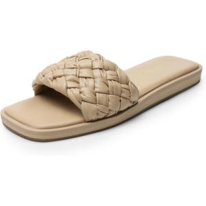 DREAM PAIRS Women’s Square Open Toe Slide Sandals Cute Slip on Braided Slides Flat Sandals for Summer(Light Nude)