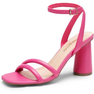 DREAM PAIRS Women’s Strappy Round Heels Open Square Toe Ankle Strap Party Sandals Dress Shoes(Hot Pink-pu)