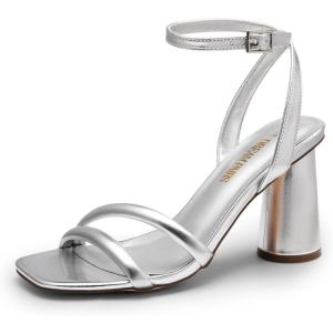 DREAM PAIRS Women’s Strappy Round Heels Open Square Toe Ankle Strap Party Sandals Dress Shoes(Silver-pu)