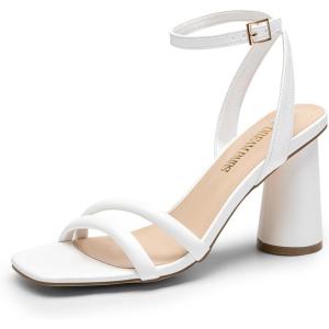 DREAM PAIRS Women’s Strappy Round Heels Open Square Toe Ankle Strap Party Sandals Dress Shoes(White-pu)