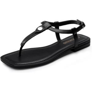 DREAM PAIRS Women’s T-Strap Thong Flat Sandals with Cute Square Toe Strappy for Summer(Black)