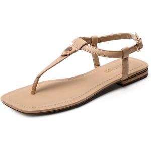 DREAM PAIRS Women’s T-Strap Thong Flat Sandals with Cute Square Toe Strappy for Summer(Nude)