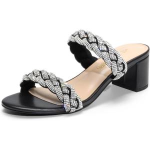 DREAM PAIRS Women’s Two Braided Strap Low Heels for Women Open Toe Block Chunky Heels Sandals Holiday Party Wedding Dress Pumps Shoes(Black-rhinestone)