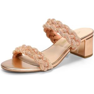 DREAM PAIRS Women’s Two Braided Strap Low Heels for Women Open Toe Block Chunky Heels Sandals Holiday Party Wedding Dress Pumps Shoes(Rose Gold-rhinestone)