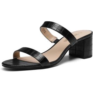 DREAM PAIRS Women’s Two Strap Open Toe Low Block Chunky Heels Sandals Dress Pumps Casual Summer Mules Shoes(Black-stone)