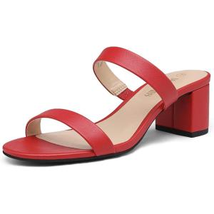 DREAM PAIRS Women’s Two Strap Open Toe Low Block Chunky Heels Sandals Dress Pumps Casual Summer Mules Shoes(Red/Pu)