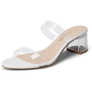 DREAM PAIRS Women’s Two Strap Open Toe Low Block Chunky Heels Sandals Dress Pumps Casual Summer Mules Shoes(White-tpu)