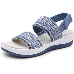 DREAM PAIRS Women’s Walking Sandals Lightweight Soft Footbed Low Wedge Comfort Indoor Outdoor Flat Sandals(Blue)