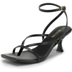 DREAM PAIRS Women’s kitten Low Strappy Lace Up Heels Open Square Toe Thong Ankle Strap Heels Sexy Fashion Comfort Dress Shoes Party Sylvestra Pumps Heeled Sandals(Black-pu)