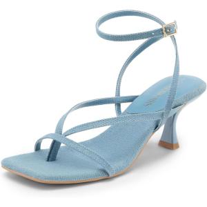 DREAM PAIRS Women’s kitten Low Strappy Lace Up Heels Open Square Toe Thong Ankle Strap Heels Sexy Fashion Comfort Dress Shoes Party Sylvestra Pumps Heeled Sandals(Denim Blue)