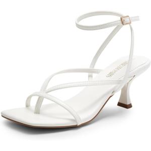 DREAM PAIRS Women’s kitten Low Strappy Lace Up Heels Open Square Toe Thong Ankle Strap Heels Sexy Fashion Comfort Dress Shoes Party Sylvestra Pumps Heeled Sandals(White-pu)