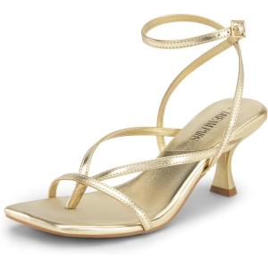 DREAM PAIRS Women’s kitten Low Strappy Lace Up Heels Open Square Toe Thong Ankle Strap Heels Sexy Fashion Comfort Dress Shoes Party Sylvestra Pumps Heeled Sandals(Gold-pu)