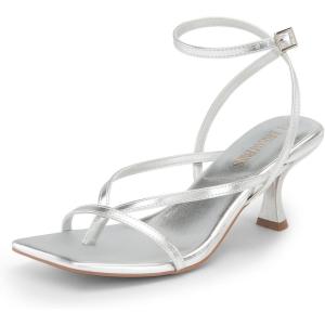 DREAM PAIRS Women’s kitten Low Strappy Lace Up Heels Open Square Toe Thong Ankle Strap Heels Sexy Fashion Comfort Dress Shoes Party Sylvestra Pumps Heeled Sandals(Silver-pu)