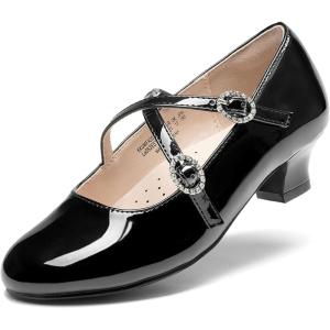 Dream Pairs Girls Dress Shoes Mary Jane High Heel Round Toe Straps Pumps Flower Wedding Party Princess Flats for Little/Big Kids(Black)
