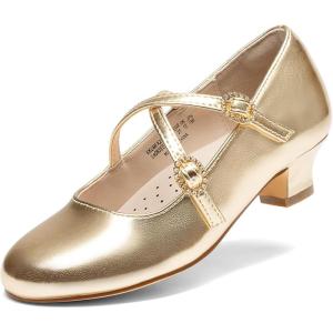 Dream Pairs Girls Dress Shoes Mary Jane High Heel Round Toe Straps Pumps Flower Wedding Party Princess Flats for Little/Big Kids(Gold)