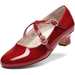 Dream Pairs Girls Dress Shoes Mary Jane High Heel Round Toe Straps Pumps Flower Wedding Party Princess Flats for Little/Big Kids(Red)