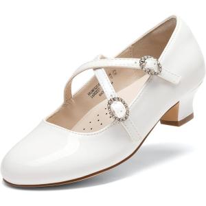 Dream Pairs Girls Dress Shoes Mary Jane High Heel Round Toe Straps Pumps Flower Wedding Party Princess Flats for Little/Big Kids(White)