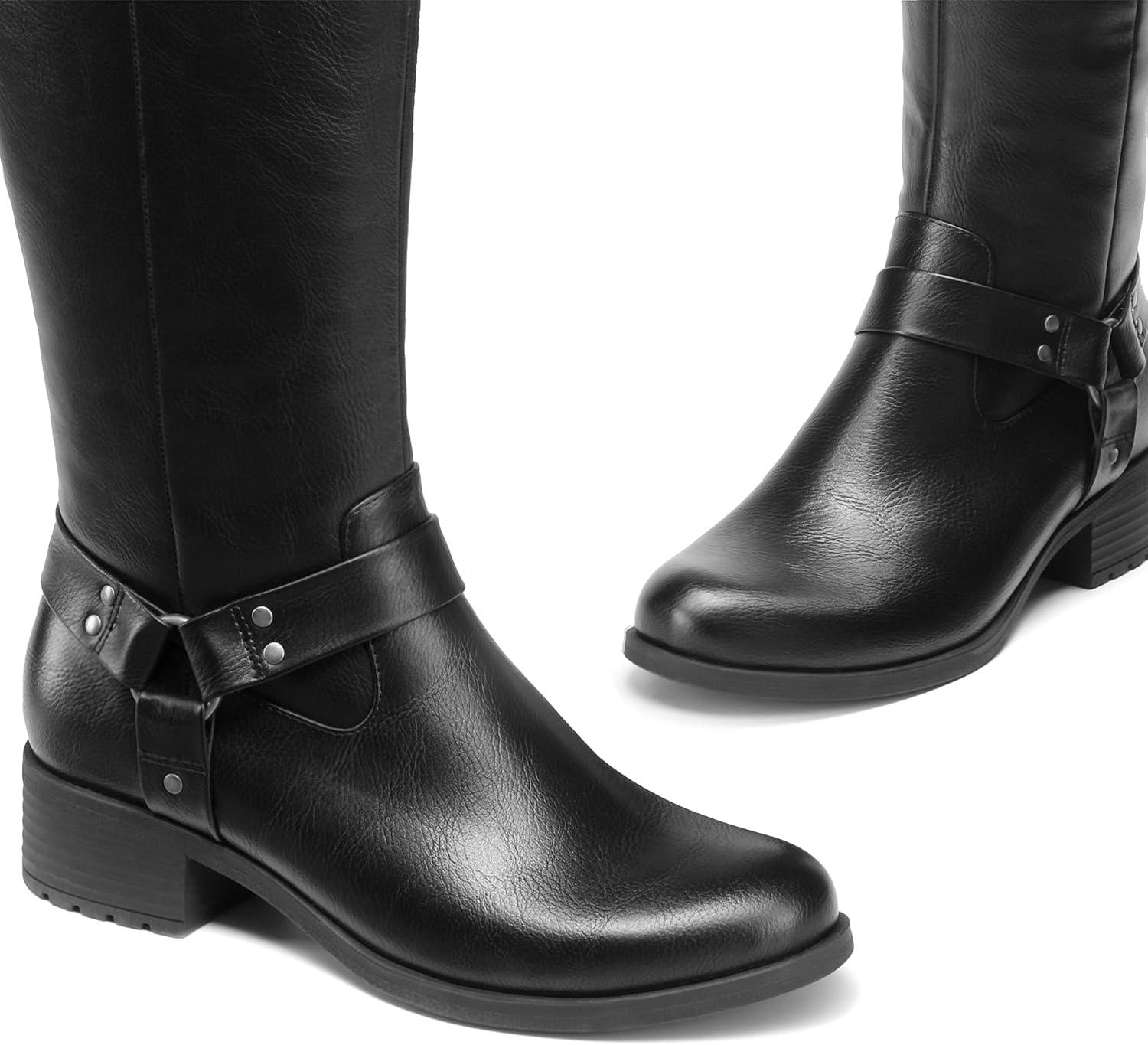 imageDREAM PAIRS Boots For Women Knee High Comfortable Pull On Side Zipper Buckle Riding BootsBlack