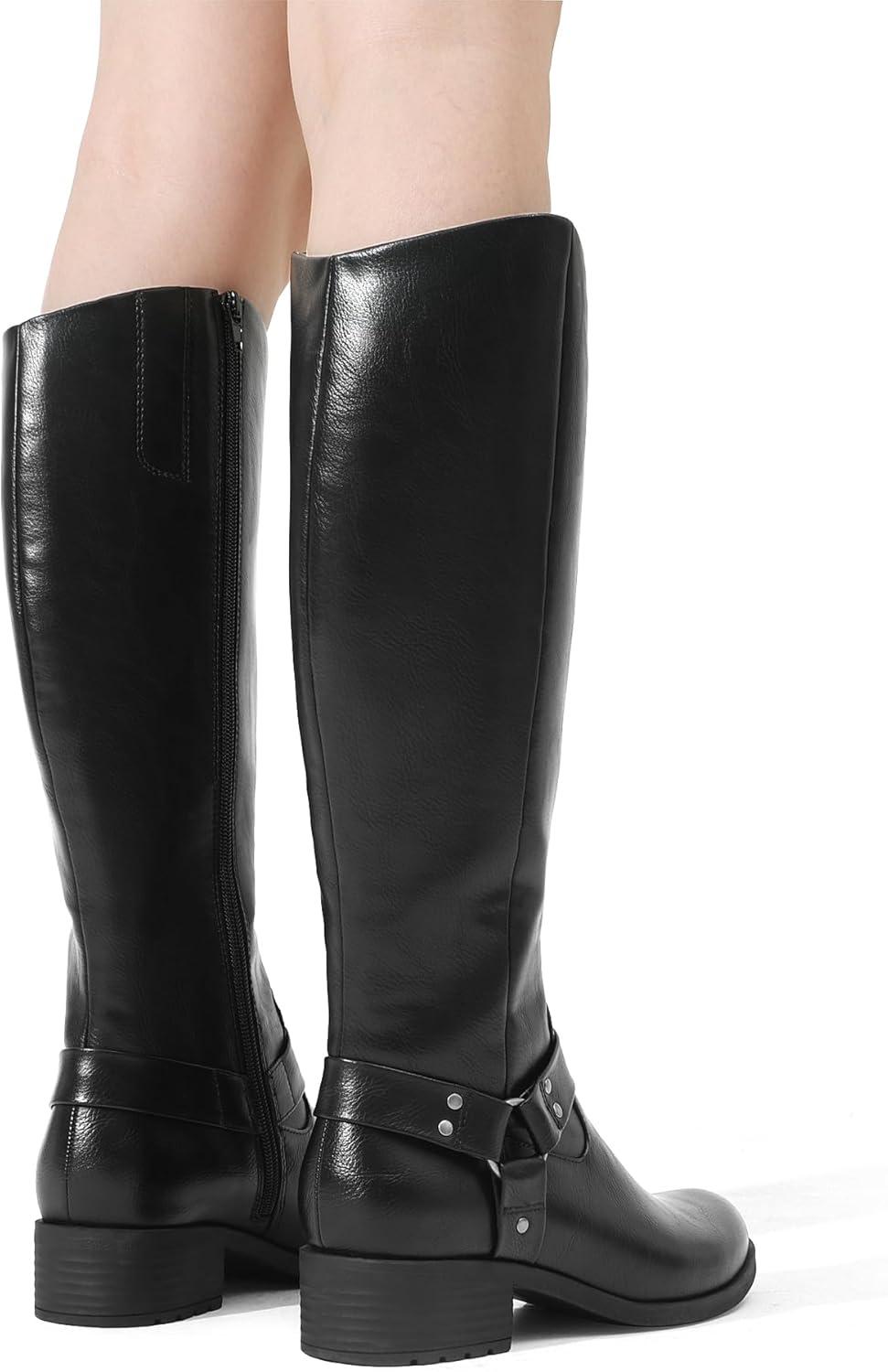 imageDREAM PAIRS Boots For Women Knee High Comfortable Pull On Side Zipper Buckle Riding BootsBlack