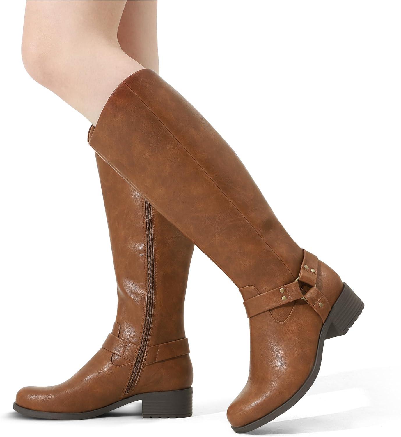 imageDREAM PAIRS Boots For Women Knee High Comfortable Pull On Side Zipper Buckle Riding BootsBrown