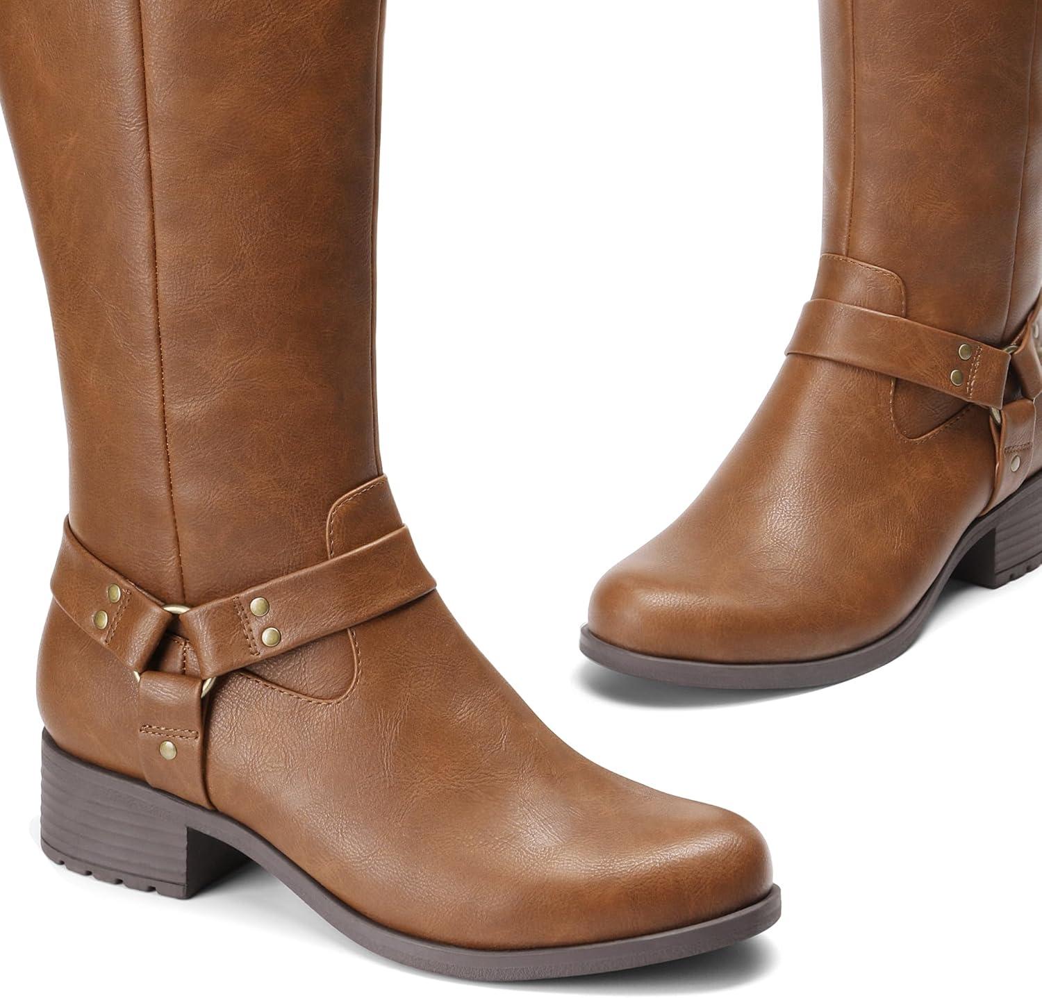 imageDREAM PAIRS Boots For Women Knee High Comfortable Pull On Side Zipper Buckle Riding BootsBrown