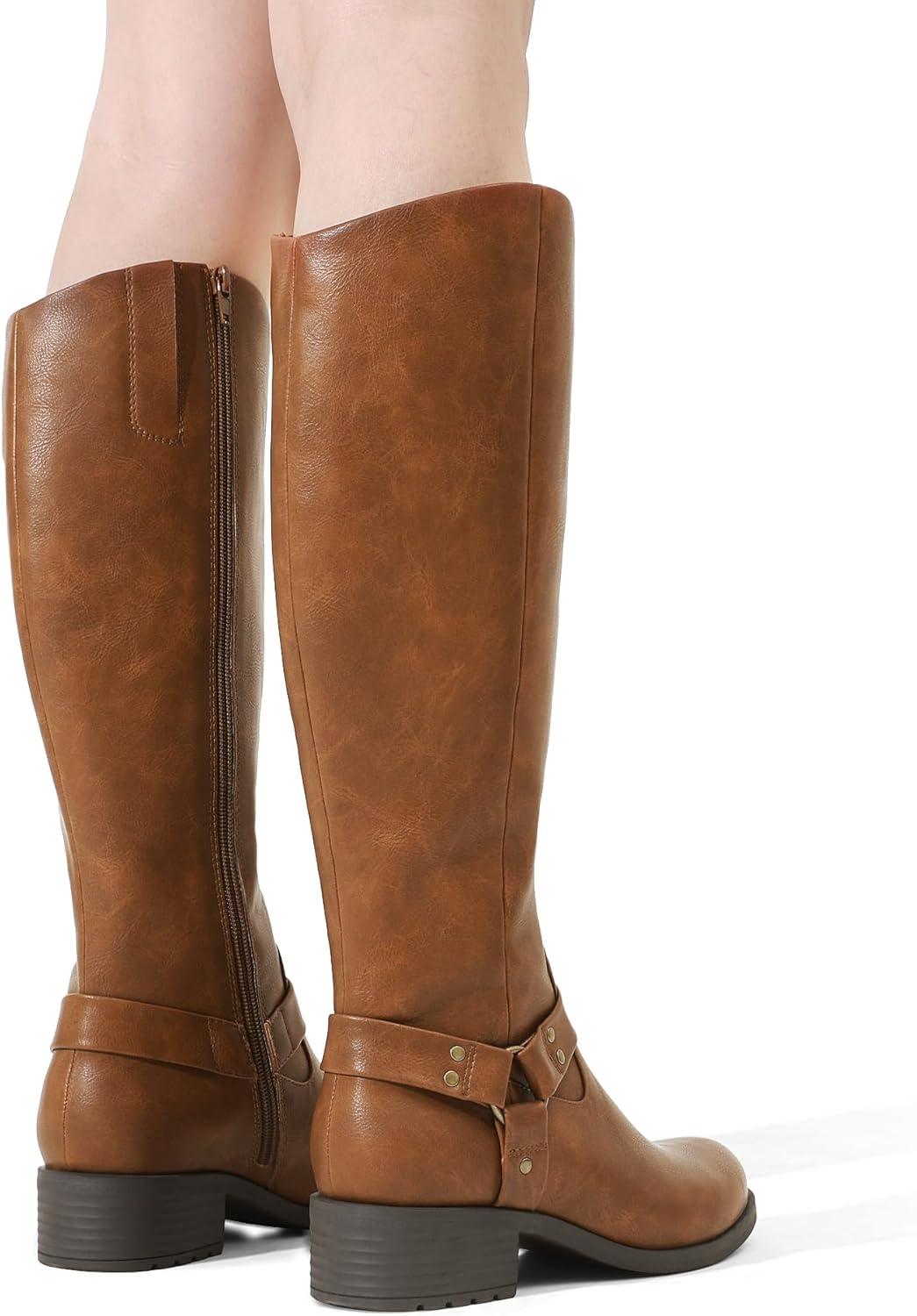 imageDREAM PAIRS Boots For Women Knee High Comfortable Pull On Side Zipper Buckle Riding BootsBrown