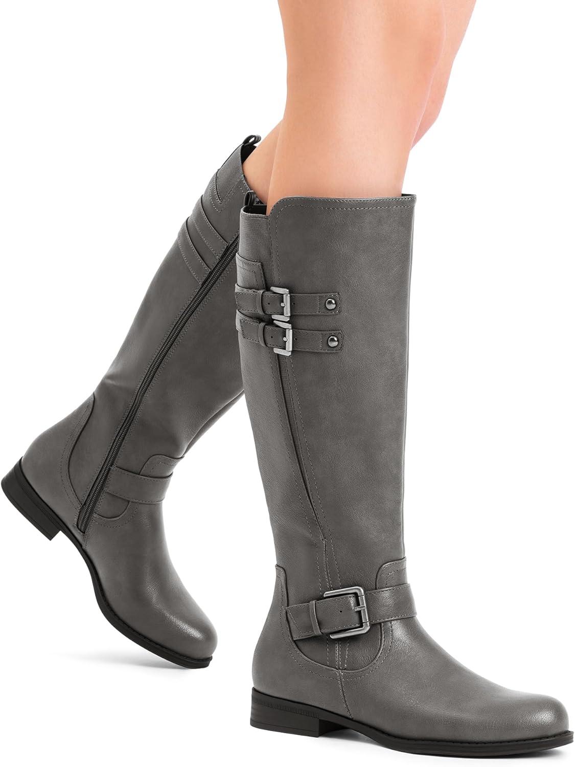 imageDREAM PAIRS Boots For Women Knee High Comfortable Pull On Side Zipper Buckle Riding BootsGrey