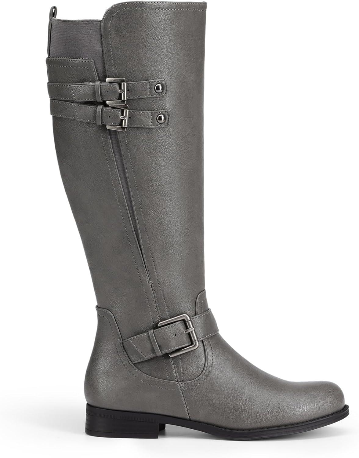 imageDREAM PAIRS Boots For Women Knee High Comfortable Pull On Side Zipper Buckle Riding BootsGrey