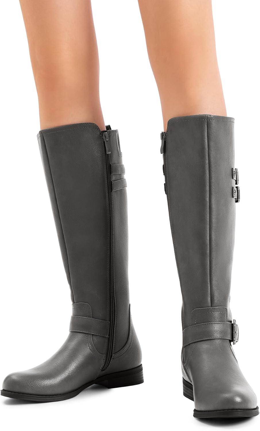 imageDREAM PAIRS Boots For Women Knee High Comfortable Pull On Side Zipper Buckle Riding BootsGrey