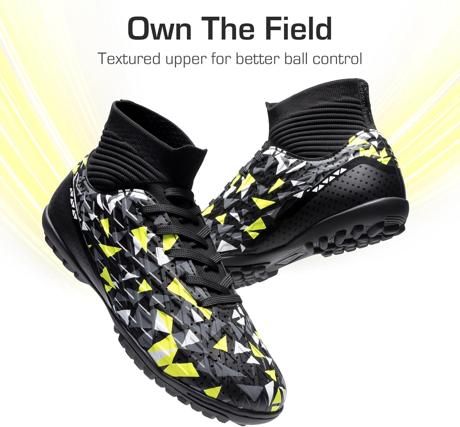 imageDREAM PAIRS Boys Girls Indoor Soccer Shoes High Top Football Turf Futsal Shoes for LittleBig KidBlackNeon Green