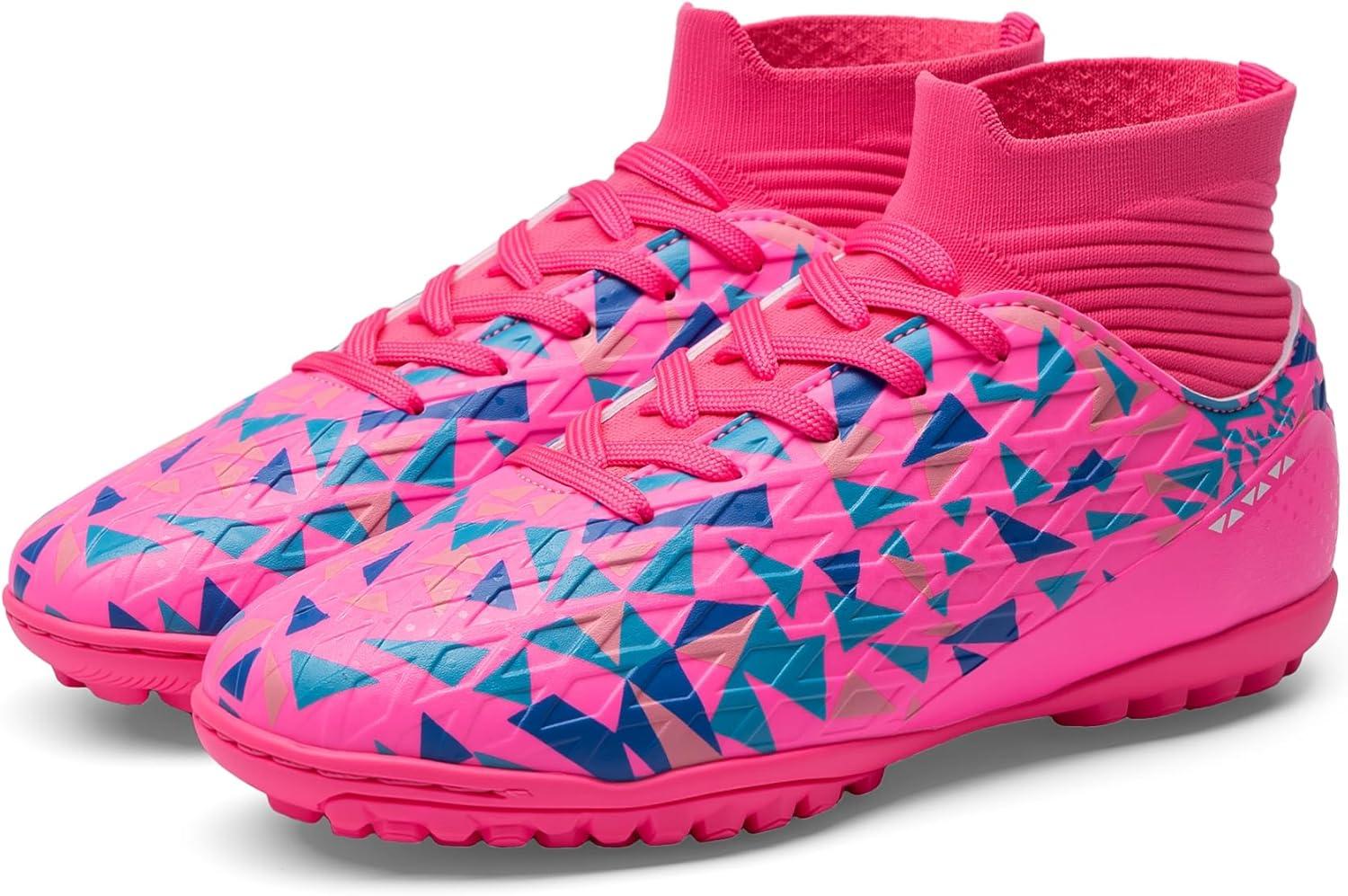 imageDREAM PAIRS Boys Girls Indoor Soccer Shoes High Top Football Turf Futsal Shoes for LittleBig KidHot Pink