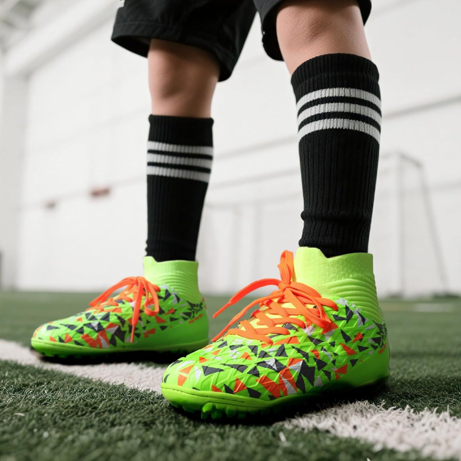 imageDREAM PAIRS Boys Girls Indoor Soccer Shoes High Top Football Turf Futsal Shoes for LittleBig KidNeon Green