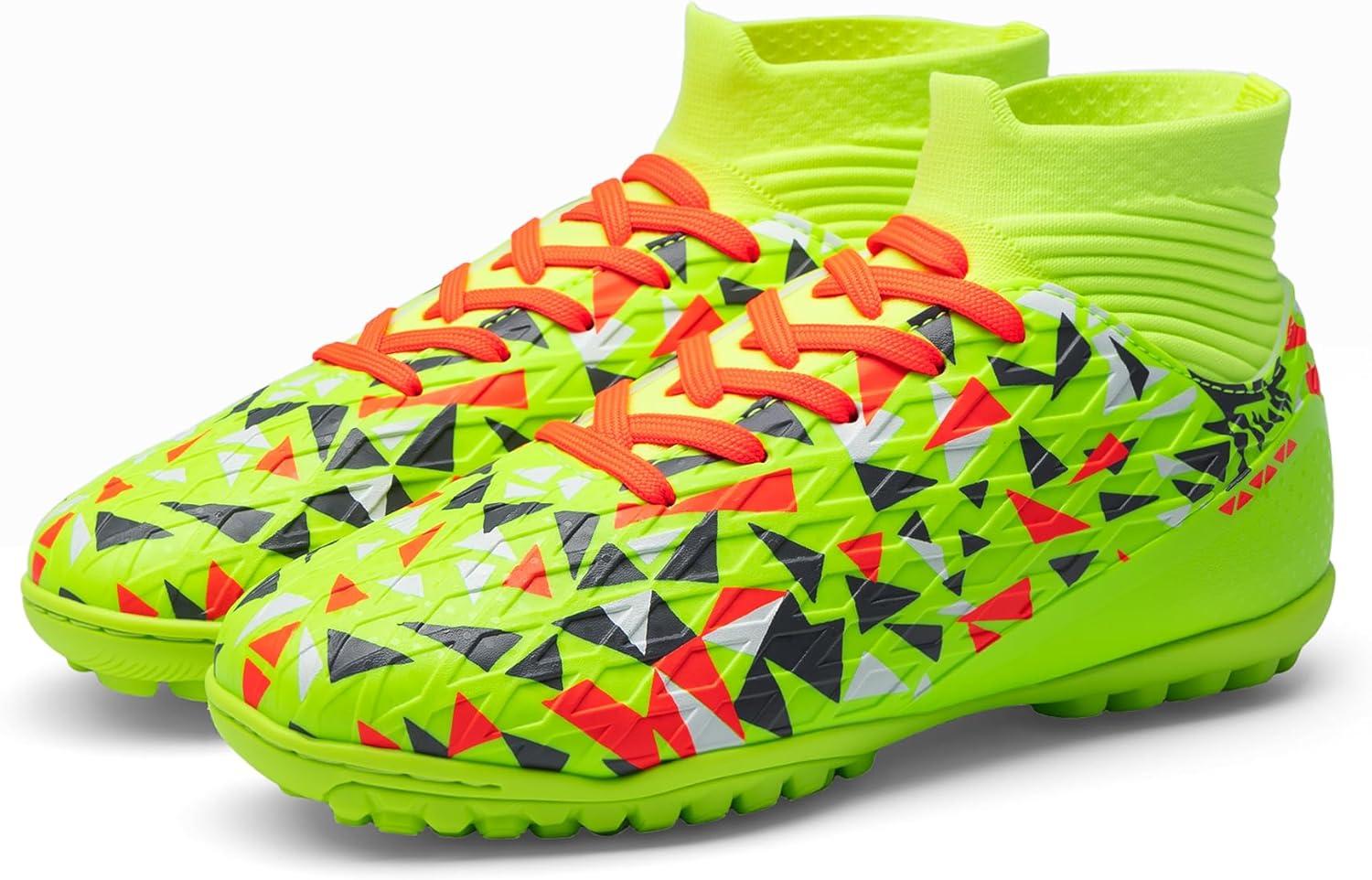 imageDREAM PAIRS Boys Girls Indoor Soccer Shoes High Top Football Turf Futsal Shoes for LittleBig KidNeon Green