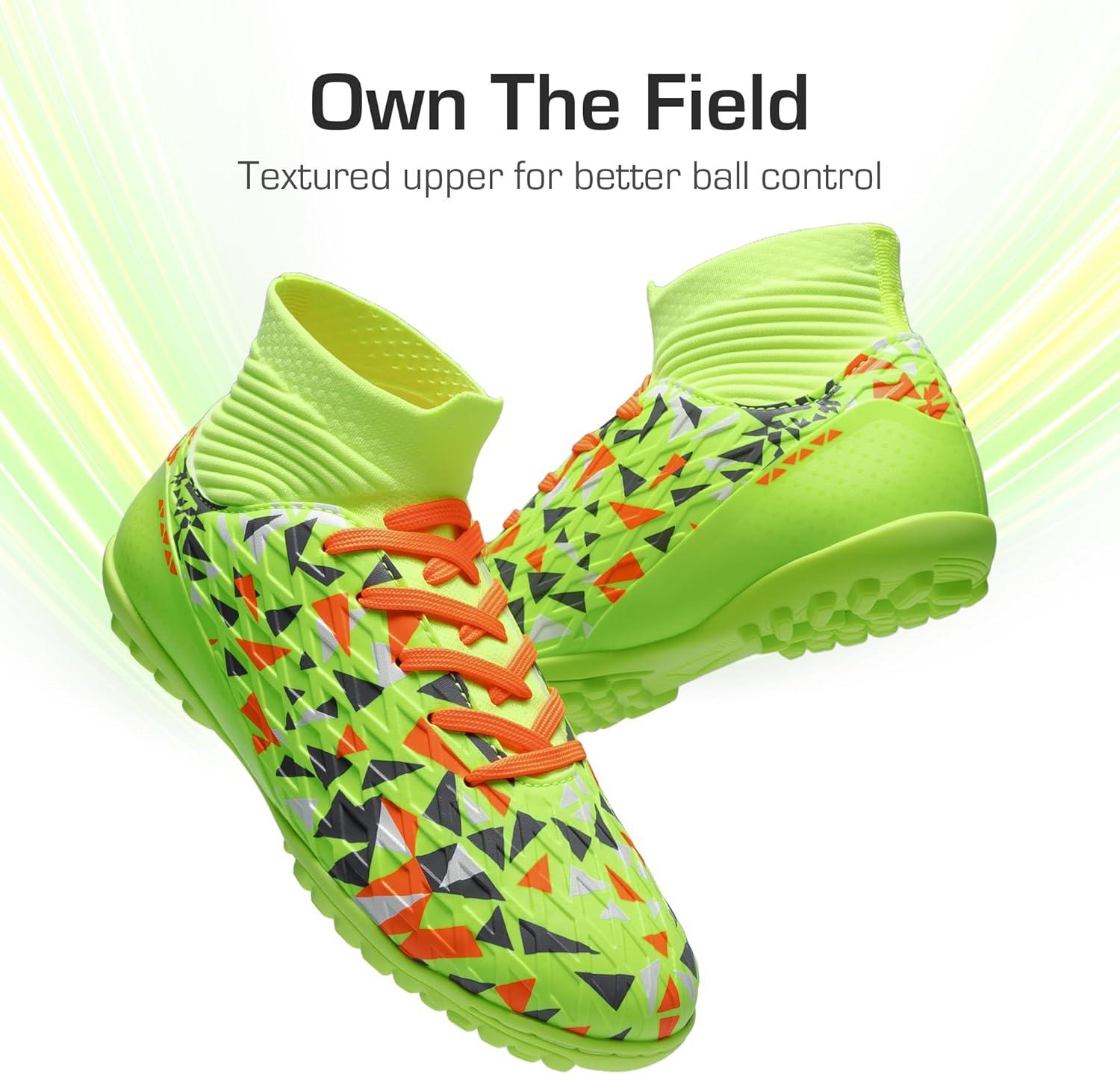 imageDREAM PAIRS Boys Girls Indoor Soccer Shoes High Top Football Turf Futsal Shoes for LittleBig KidNeon Green