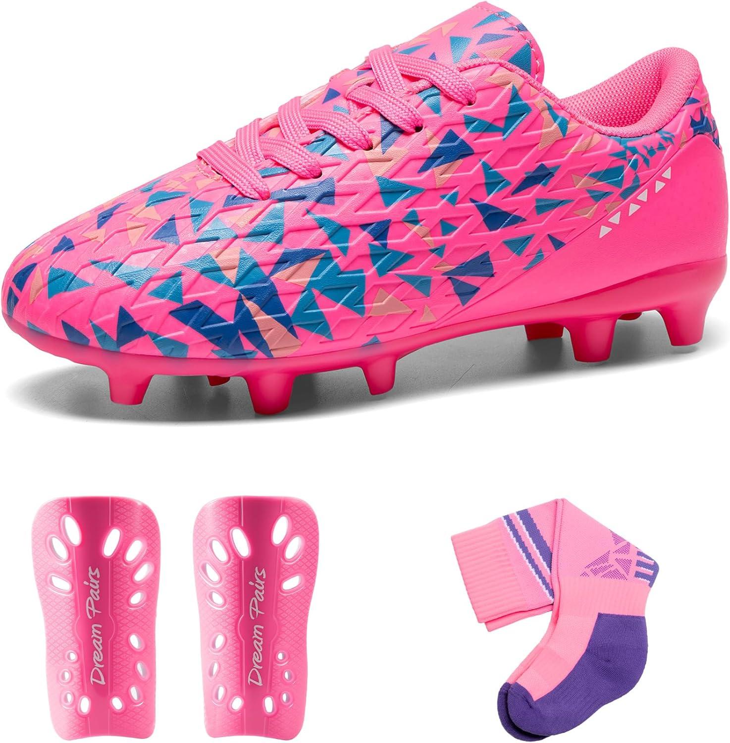 imageDREAM PAIRS Boys Girls Soccer Cleats Youth Firm Groud Athletic Outdoor Trainning Football Shoes with Soccer SocksHot PinkBlue