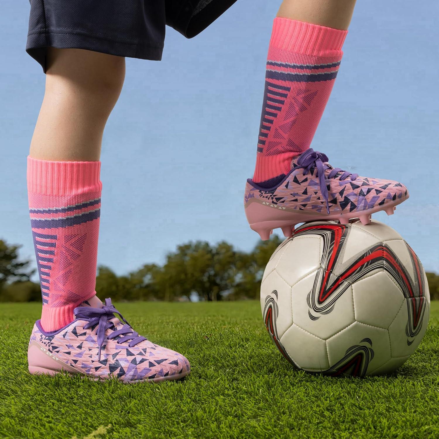 imageDREAM PAIRS Boys Girls Soccer Cleats Youth Firm Groud Athletic Outdoor Trainning Football Shoes with Soccer SocksPinkLight Purple