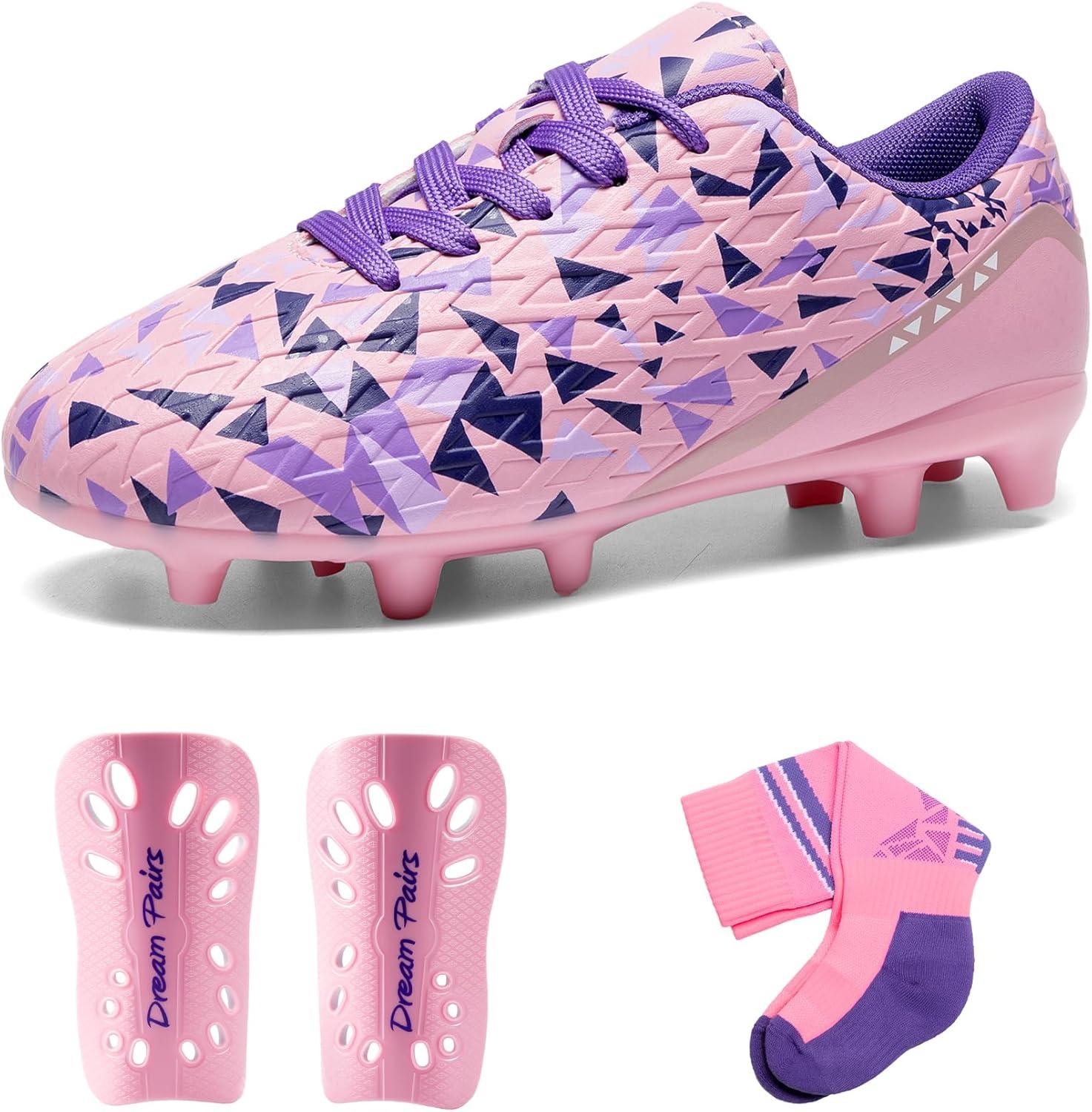 imageDREAM PAIRS Boys Girls Soccer Cleats Youth Firm Groud Athletic Outdoor Trainning Football Shoes with Soccer SocksPinkLight Purple