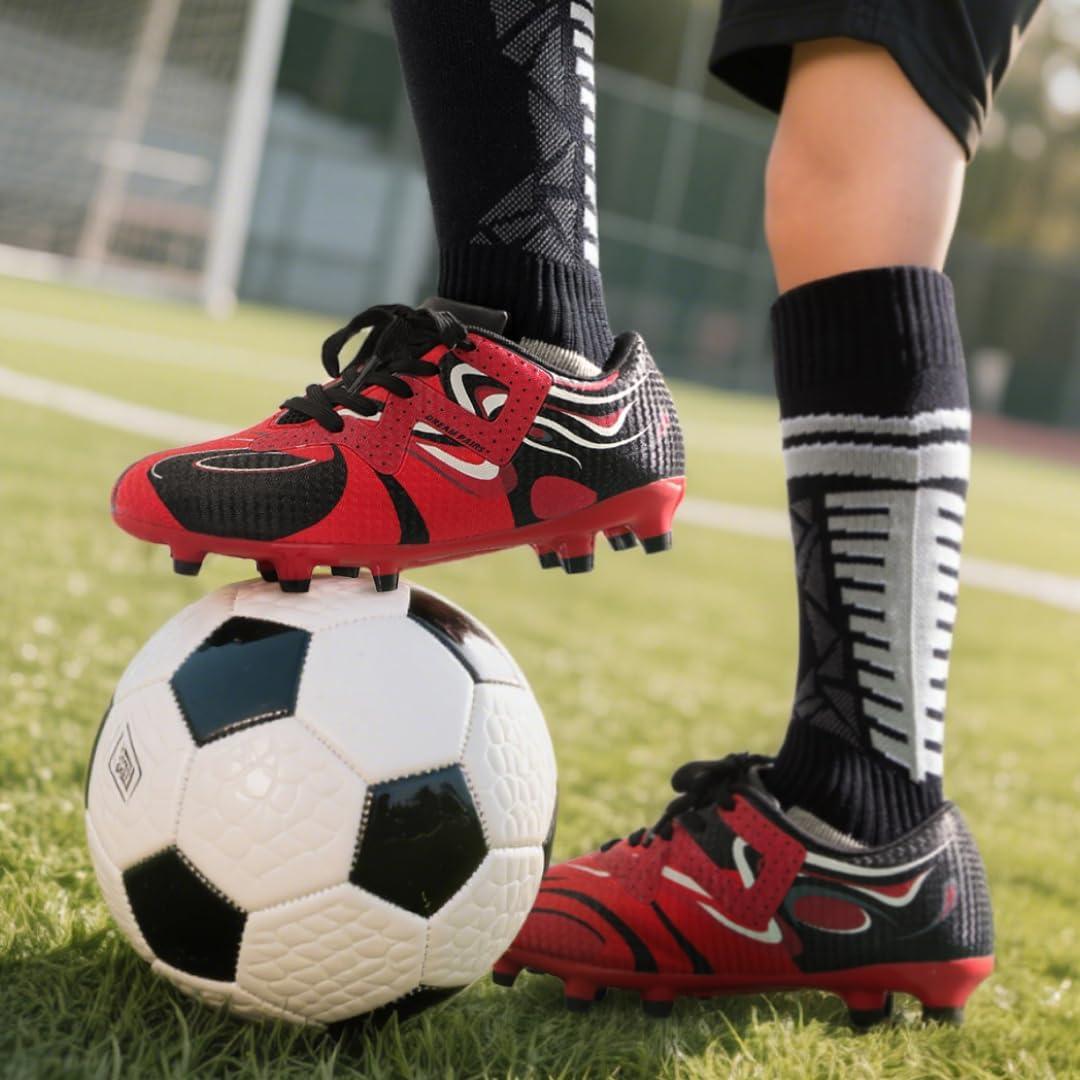 imageDREAM PAIRS Boys Girls Soccer Cleats Youth Firm Groud Sport Football Cleats with Soccer Socks for LittleBig KidToddlerRedBlack